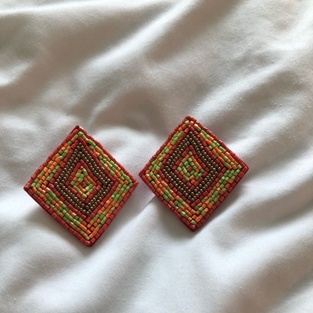Coral colorful diamond shaped statement earrings